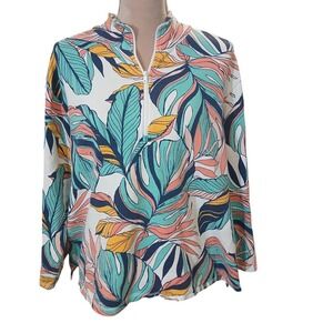 Talbots 2X P Tropical Leaf Print Quarter Zip Pullover Women Colorful